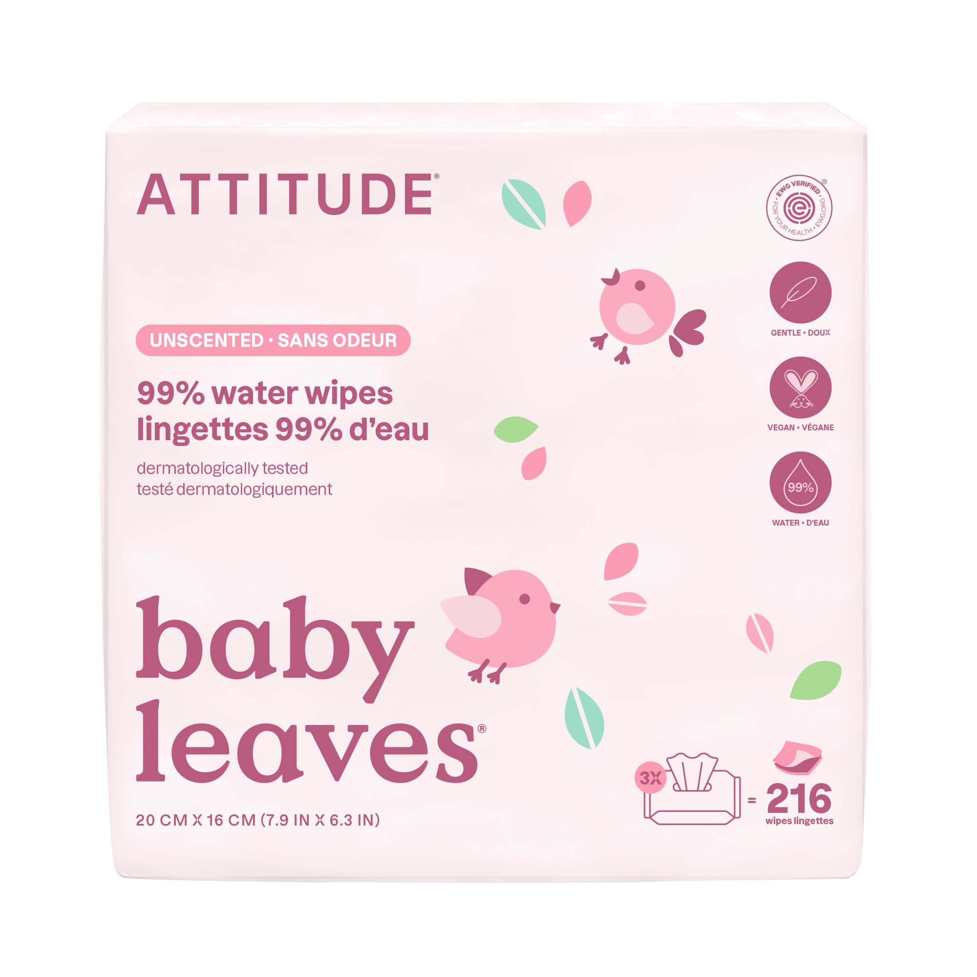  Attitude Baby Water Wipes, EWG Verified, Safe for Newborns, Unscented & Fragrance-Free, 99% Water, Gentle & Vegan, 72 C