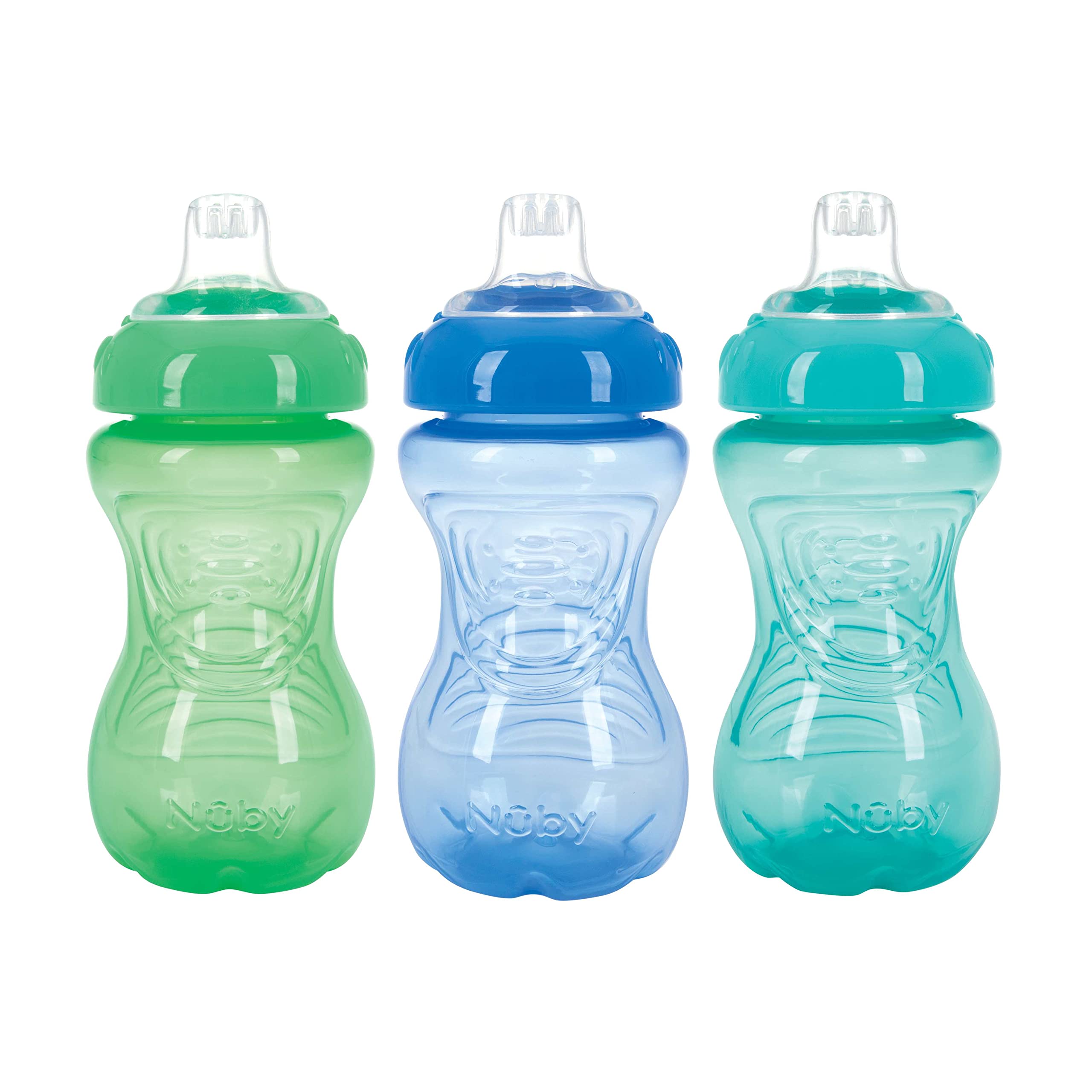 Nuby 3 Pack No Spill Toddler Sippy Cups for Toddlers - Spill Proof with Easy and Firm Grip - Blue, Aqua, Green