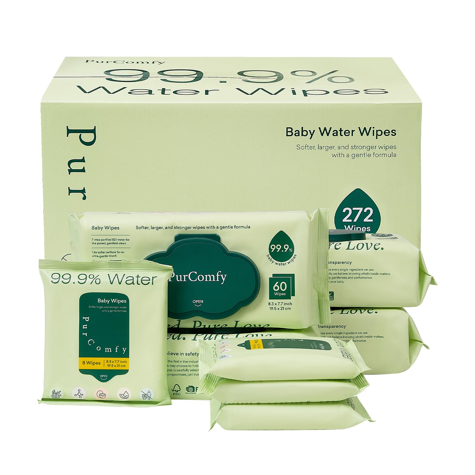PurComfy Unscented Baby Wipes, 4 Flip-Top + 4 Travel Pack, 99.9% Water Hypoallergenic for Newborn Skin, 272 Count Wet Wi